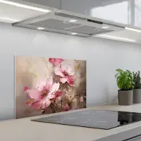KitchenYeah Spatscherm 60x40 cm - Zelfklevende achterwand Bloemen - Roze - Kunst - Watercolor - Keuken muurbeschermer - Spatwand fornuis