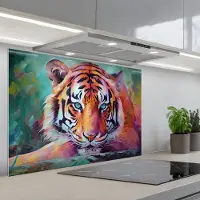 KitchenYeah Spatscherm 90x60 cm - Zelfklevende achterwand Tijger - Olieverf - Dieren - Kunst - Keuken muurbeschermer - Spatwand fornuis