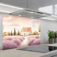 KitchenYeah Spatscherm 80x55 cm - Zelfklevende achterwand Lavendelveld - Huis - Paars - Keuken muurbeschermer - Spatwand fornuis