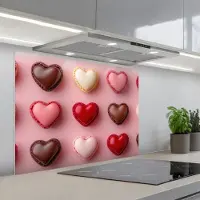 KitchenYeah Spatscherm 90x70 cm - Zelfklevende achterwand Macarons - Hartjes - Kleurrijk - Roze - Keuken muurbeschermer - Spatwand fornuis