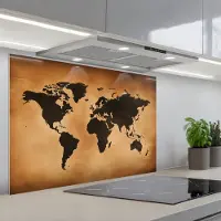 KitchenYeah Spatscherm 80x55 cm - Zelfklevende achterwand Wereldkaart - Bruin - Kaart - Keuken muurbeschermer - Spatwand fornuis
