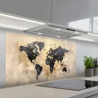 KitchenYeah Spatscherm 120x60 cm - Zelfklevende achterwand Wereldkaart - Goud - Zwart - Abstract - Keuken muurbeschermer - Spatwand fornuis