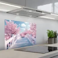 KitchenYeah Spatscherm 70x55 cm - Zelfklevende achterwand Brug - Kersenbomen - Wit - Keuken muurbeschermer - Spatwand fornuis