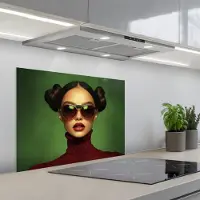 KitchenYeah Spatscherm 70x50 cm - Zelfklevende achterwand Vrouw - Groen - Bril - Aesthetic - Modern - Keuken muurbeschermer - Spatwand fornuis