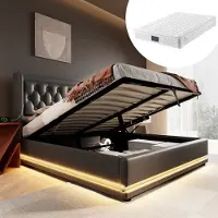 OKWISH Gestoffeerd Bed Tweepersoonsbedden - 140x200 cm - Modern Opbergbed Met Hydraulisch Systeem, LED Verlichting En USB Type C Hoofdbord - PU - Zwart