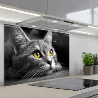 KitchenYeah Spatscherm 80x55 cm - Zelfklevende achterwand Kat - Zwart - Wit - Dieren - Natuur - Keuken muurbeschermer - Spatwand fornuis