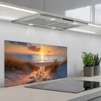 KitchenYeah Spatscherm 80x40 cm - Zelfklevende achterwand Zonsondergang - Duinen - Strand - Zee - Keuken muurbeschermer - Spatwand fornuis