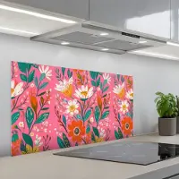 KitchenYeah Spatscherm 100x50 cm - Zelfklevende achterwand Roze - Bloemen - Wit - Oranje - Keuken muurbeschermer - Spatwand fornuis