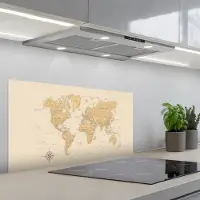 KitchenYeah Spatscherm 80x40 cm - Zelfklevende achterwand Wereldkaart - Realistisch - Beige - Keuken muurbeschermer - Spatwand fornuis