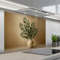 KitchenYeah Spatscherm 100x75 cm - Zelfklevende achterwand Vaas - Olijftakken - Bladeren - Beige - Keuken muurbeschermer - Spatwand fornuis