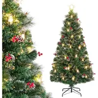 Costway Kunstkerstboom met verlichting, dennenboom met warmwitte leds, glasvezel en stervormige punt, 8 modi, kerstboom met dennenappels, petroleumlampen en rode bessen, groen + wit (180 cm)