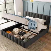 Merax Tweepersoonsbed 140x200 cm - met verstelbaar hoofdeinde - linnen materiaal - met opbergruimte - grijs - zonder matras
