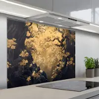 KitchenYeah Spatscherm 100x75 cm - Zelfklevende achterwand Bloemen - Takken - Goud - Sierlijk - Keuken muurbeschermer - Spatwand fornuis