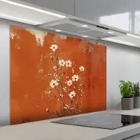 KitchenYeah Spatscherm 100x75 cm - Zelfklevende achterwand Bloemen - Wit - Subtiel - Roestkleur - Keuken muurbeschermer - Spatwand fornuis