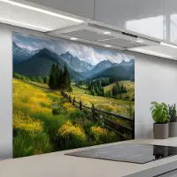 KitchenYeah Spatscherm 100x75 cm - Zelfklevende achterwand Veld - Hek - Bergen - Bloemen - Keuken muurbeschermer - Spatwand fornuis