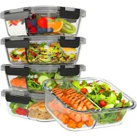 Kitchenbrothers Meal Prep Bakjes Set - Met Scheiding - Glazen Vershoudbakjes - Twee Compartimenten - Luchtdicht - BPA Vrij - Diepvriesbakjes - Bewaarbakjes - 5L - Glas - 5 Stuks