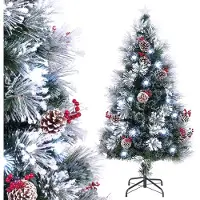 Costway Kunstkerstboom met verlichting, dennenboom met sneeuw en koudwitte leds, glasvezel en stervormige punt, 8 modi, kerstboom met dennenappels en rode bessen, groen + wit (150 cm)