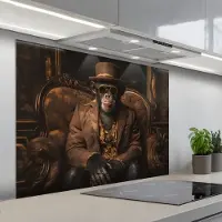 KitchenYeah Spatscherm 100x75 cm - Zelfklevende achterwand Chimpansee - Stoel - Pak - Bruin - Keuken muurbeschermer - Spatwand fornuis