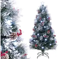 Costway Kunstkerstboom met verlichting, dennenboom met sneeuw en koudwitte leds, glasvezel en stervormige punt, 8 modi, kerstboom met dennenappels en rode bessen, groen + wit (180 cm)