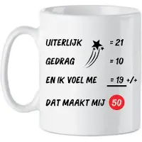 Orca Classic Mok 325 Ml - Gepersonaliseerde Mok Cadeautje Cadeau - Uiterlijk 21 Gedrag 10 En ik voel me 19 Dat maakt mij 50 Jaar- Abraham - Sarah -Grappig - Mok met tekst - Wit/zwart