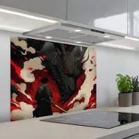 KitchenYeah Spatscherm 80x60 cm - Zelfklevende achterwand Krijger - Draak - Zwart - Rood - Rook - Keuken muurbeschermer - Spatwand fornuis