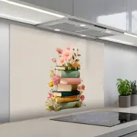KitchenYeah Spatscherm 100x75 cm - Zelfklevende achterwand Boeken - Stapel - Bloemen - Kleurrijk - Keuken muurbeschermer - Spatwand fornuis
