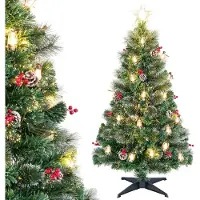 Costway Kunstkerstboom met verlichting, dennenboom met warmwitte leds, glasvezel en stervormige punt, 8 modi, kerstboom met dennenappels, petroleumlampen en rode bessen, groen + wit (150 cm)
