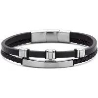 Frank 1967 7FB-0821 – – Heren Armband – Dubbele Leren Armband – Donkerbruin – Zilverkleurig – Met Stalen Elementen