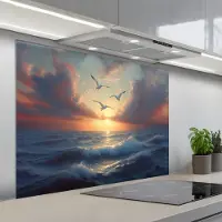 KitchenYeah Spatscherm 100x75 cm - Zelfklevende achterwand Meeuwen - Zonsondergang - Zee - Wolken - Keuken muurbeschermer - Spatwand fornuis