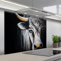 KitchenYeah Spatscherm 100x75 cm - Zelfklevende achterwand Stier - Hoorns - Snuit - Goud - Keuken muurbeschermer - Spatwand fornuis