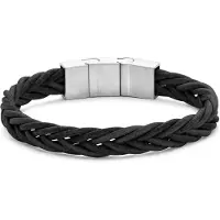 Frank 1967 7FB-0814 – – Heren Armband – Gevlochten Leren Armband – Zwart – Zilverkleurig Geborsteld