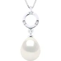 ATELIERS SAINT GERMAIN Halsketting Sieraden Diamant 0.01Cts Wit Goud en Echte Gecultiveerde Zoetwaterparel Peer 9-10 mm
