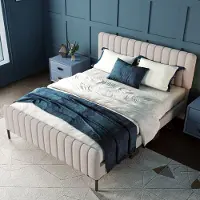 OKWISH Gestoffeerd Bed 160x200 - Bedbodem Met Verstelbaar Hoofdeinde - Linnen Bekleding - Grijs-Beige