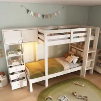 Merax Stapelbed 90x200 cm met slimme nachtlamp - verschoven ontwerp met kast - boekenplank en laden - met opbergruimte - wit - zonder matras