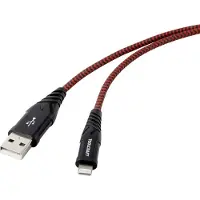 Toolcraft TO-6899490 USB-kabel USB 2.0 USB-A stekker, Apple Lightning stekker 1.00 m Zwart-rood Extreem robuust gevlochten bescherming