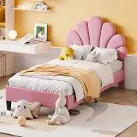 OKWISH Gestoffeerd Bed 90x200 - Eenpersoonsbed Kinderbed Met 12 Lattenrosten - Fluweel - Roze