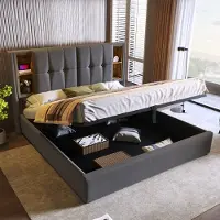 OKWISH Gestoffeerd Bed 160x200 cm - Bedbodem Met Opbergruimte En Draadloos Laden - LED Verlichting En Grifflift - Katoen Grijs - Zonder Matras