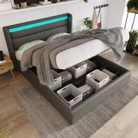 OKWISH Gestoffeerd Bed 160x200 cm - Bed met Hydraulische Opbergruimte en LED Verlichting - PU - Grijs