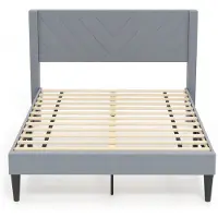 Costway Bedframe voor matras van 200 x 140 cm, fluwelen stof, gevoerd tweepersoonsbedframe, platformbed met hoofdeinde, houten lattenondersteuning, verstelbare voetkussens, grijs (model V, L)