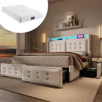 OKWISH Gestoffeerd Bed Tweepersoonsbedden 160x200 cm - Opbergbed 4 Schubladen Inclusief Matras - LED Tweepersoonsbed Met USB C Oplaadfunctie - Katoen - Beige