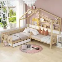 OKWISH Kinderbedden - 90x200 + 140x70 - Kinderbed Met Lade En Zijbescherming - Functioneel En Ruimtebesparend - Vurenhout - Natuurlijk