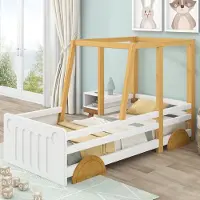 OKWISH Kinderbed 90x200 – Jeep-Bed met MDF Wielen – Houten Bedframe – Grenen – Wit