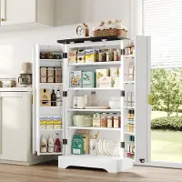 OKWISH Dressoirs - Keukenkast Met LED Sensor Licht - Geribbelde Deuren En Gouden Grepen - Verstelbare Opbergruimte - 120x60,5x40 cm - Spaanplaat - Wit