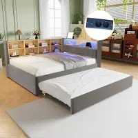 OKWISH Zetelbed 140x200 cm - Logeerbed Met LED Verlichting En Opbergruimte - Flanel - Donkergrijs
