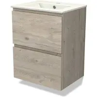 Maxaro Modulo Slim Badkamermeubel met wastafel | 50 cm Lichtgrijs eiken Greeploos front Keramiek 2 lades onder elkaar