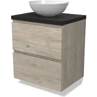 Maxaro Modulo Plato Badkamermeubel voor waskom | 60 cm Lichtgrijs eiken Greeploos front Mat zwart blad 2 lades onder elkaar
