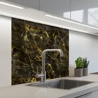 KitchenYeah Keuken achterwand 80x80 cm - Spatscherm zelfklevend Zwart - Marmer print - Goud - Muurbeschermer - Spatwand fornuis