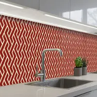 KitchenYeah Keuken achterwand 500x80 cm - Spatscherm zelfklevend Rood - Beige - Patroon - Lijnen - Muurbeschermer - Spatwand fornuis
