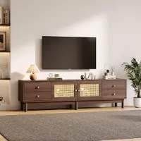 OKWISH TV-kast - TV-meubel 180 cm met 2 Rattan-deuren, 4 lades en hydraulische scharnieren - Inclusief kabelmanagement - Voor woonkamer, eetkamer en slaapkamer - 180x35x44 cm - Hout - Bruin