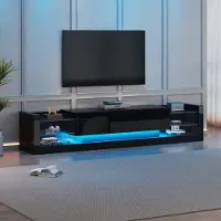OKWISH TV Kast - Vorm 181x38x38 cm - Hangend TV Meubel Met LED En Glasfront - Voor Slaap- Of Woonkamer - Hoogglans Hout - Zwart